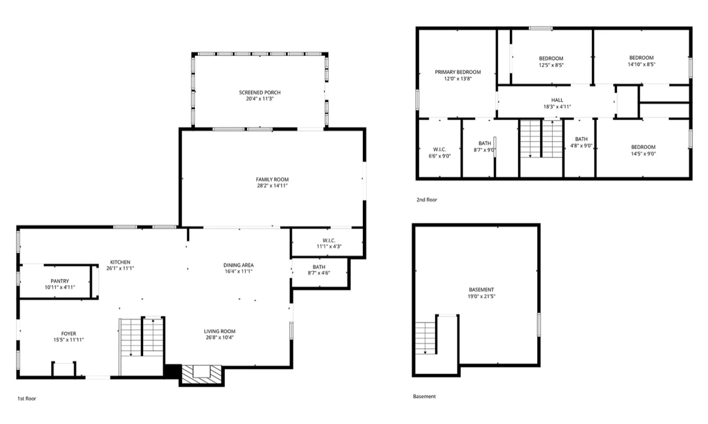 Floor plan of the finished house: first floor with foyer, kitchen, pantry, living room, dining area, family room and screened porch; second floor with four bedrooms and two baths; and the basement.
