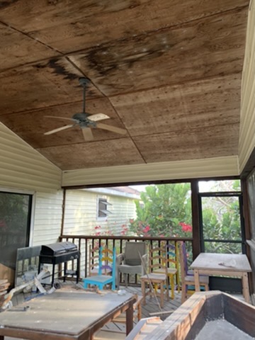 The screened porch looking up: heavy dark water staining spread across the plywood ceiling around the ceiling fan.